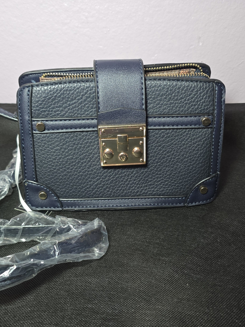 Structured Navy Mini Crossbody Bag with Gold Lock